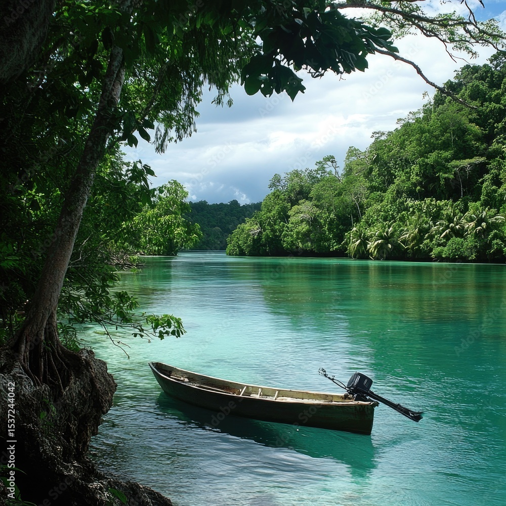 Obraz premium Tranquil lagoon with a small boat nestled beneath lush tropical foliage
