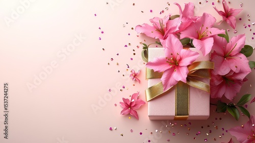 Pink gift box with flowers and confetti