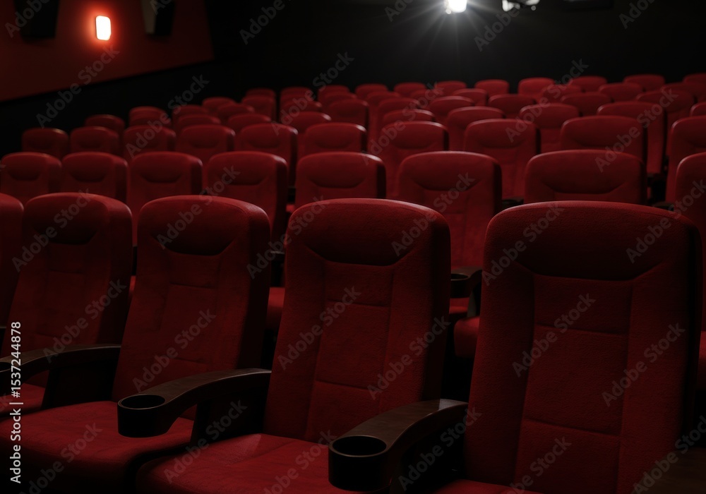 Fototapeta premium Empty movie theater with red seating and ambient lighting