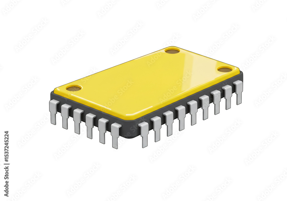 Yellow Integrated Circuit Microchip for Electronic Hardware with Shiny Surface on Transparent Yellow Integrated Circuit Microchip for Electronic Hardware with Shiny Surface on Transparent