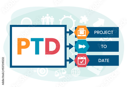 PTD - project to date. acronym business concept. vector illustration concept with keywords and icons. lettering illustration with icons for web banner, flyer, landing page, presentation