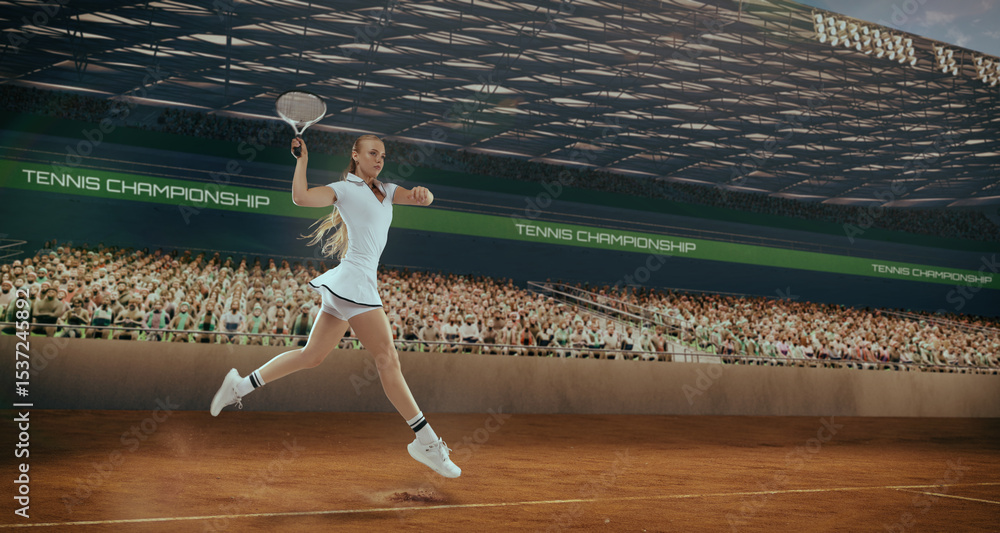 Naklejka premium Woman tennis player playing tennis in professional tennis stadium.