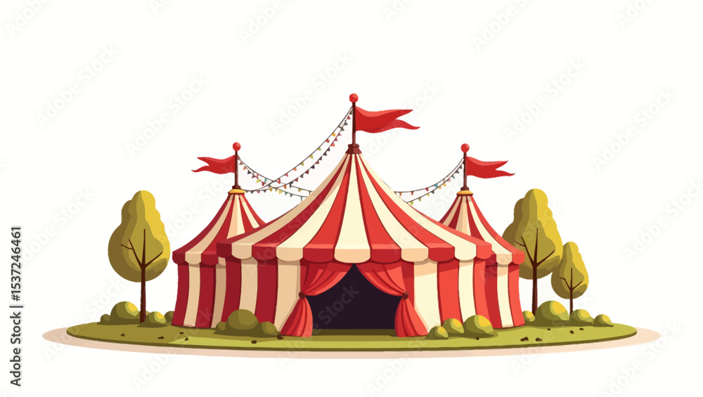 Classic red and white striped circus tent with flags and surrounding trees in a cartoon landscape style. Classic red and white striped circus tent with flags and surrounding trees in a cartoon landscape style.