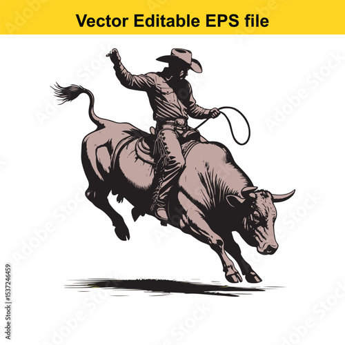 Dynamic Rodeo Scene A Cowboy Rides a Bucking Bull Vector Silhouette Illustration Capturing the Thrill and Skill of the Event in Bold Black and White
