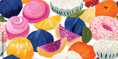 Delicious Gourmet Pastries and Cakes Seamless Pattern. Sweet Confectionery and Dessert Design for textile, packaging, fabric, wallpaper, branding, stationery, wrapping paper interior decor.