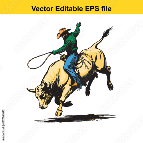 Dynamic Rodeo Scene A Cowboy Rides a Bucking Bull Vector Silhouette Illustration Capturing the Thrill and Skill of the Event in Bold Black and White
