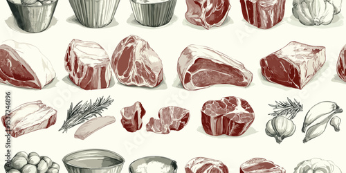 Fine Art Hand-Drawn Meat Cuts and Culinary Ingredients Seamless Pattern. Butchery and Cooking Design for textile, packaging, fabric, wallpaper, branding, stationery, wrapping paper interior decor