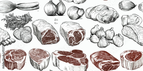 Fine Art Hand-Drawn Meat Cuts and Culinary Ingredients Seamless Pattern. Butchery and Cooking Design for textile, packaging, fabric, wallpaper, branding, stationery, wrapping paper interior decor