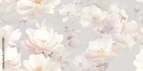 Elegant Pastel Watercolor Floral Bloom Seamless Pattern. Delicate Blossom Botanical Design for textile, packaging, fabric, wallpaper, branding, stationery, wrapping paper interior decor.