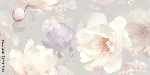 Elegant Pastel Watercolor Floral Bloom Seamless Pattern. Delicate Blossom Botanical Design for textile, packaging, fabric, wallpaper, branding, stationery, wrapping paper interior decor.