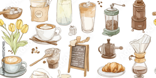 Cozy Coffee Shop Elements and Breakfast Food Seamless Pattern. Cafe Drink and Pastry Illustration for textile, packaging, fabric, wallpaper, branding, stationery, wrapping paper interior decor.
