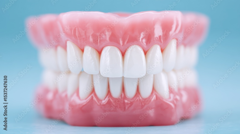 Obraz premium A dental model displays a full set of healthy teeth and pink gums against a light blue background. This serves as an educational tool for dental hygiene and oral health demonstrations