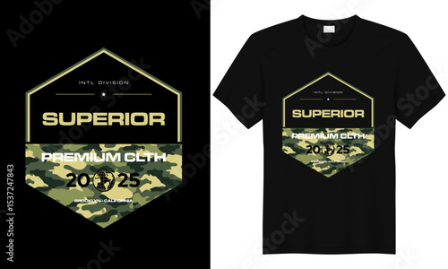 Superior Premium Cloth Design: A fashionable black t-shirt showcases a unique emblem featuring "SUPERIOR," "PREMIUM CLTH," and "20/25" text, creating a blend of modern design and sartorial elegance.