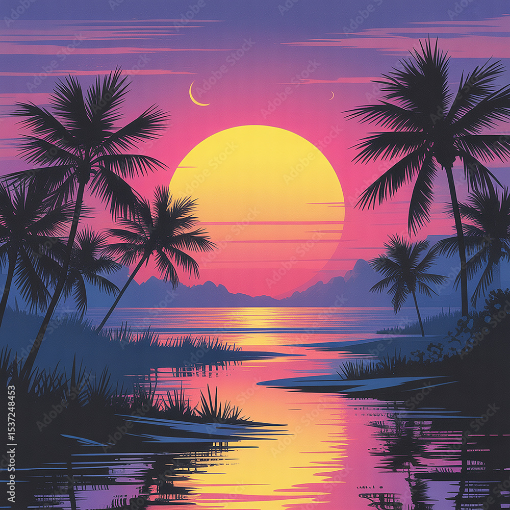 Naklejka premium Serene Tropical Sunset Landscape with Silhouetted Palm Trees and Calm Water