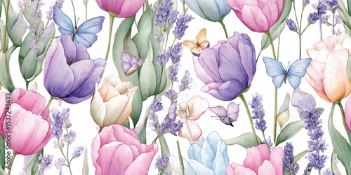 Delicate Watercolor Tulip and Butterfly Seamless Pattern. Spring Floral and Insect Botanical Design for textile, packaging, fabric, wallpaper, branding, stationery, wrapping paper interior decor.