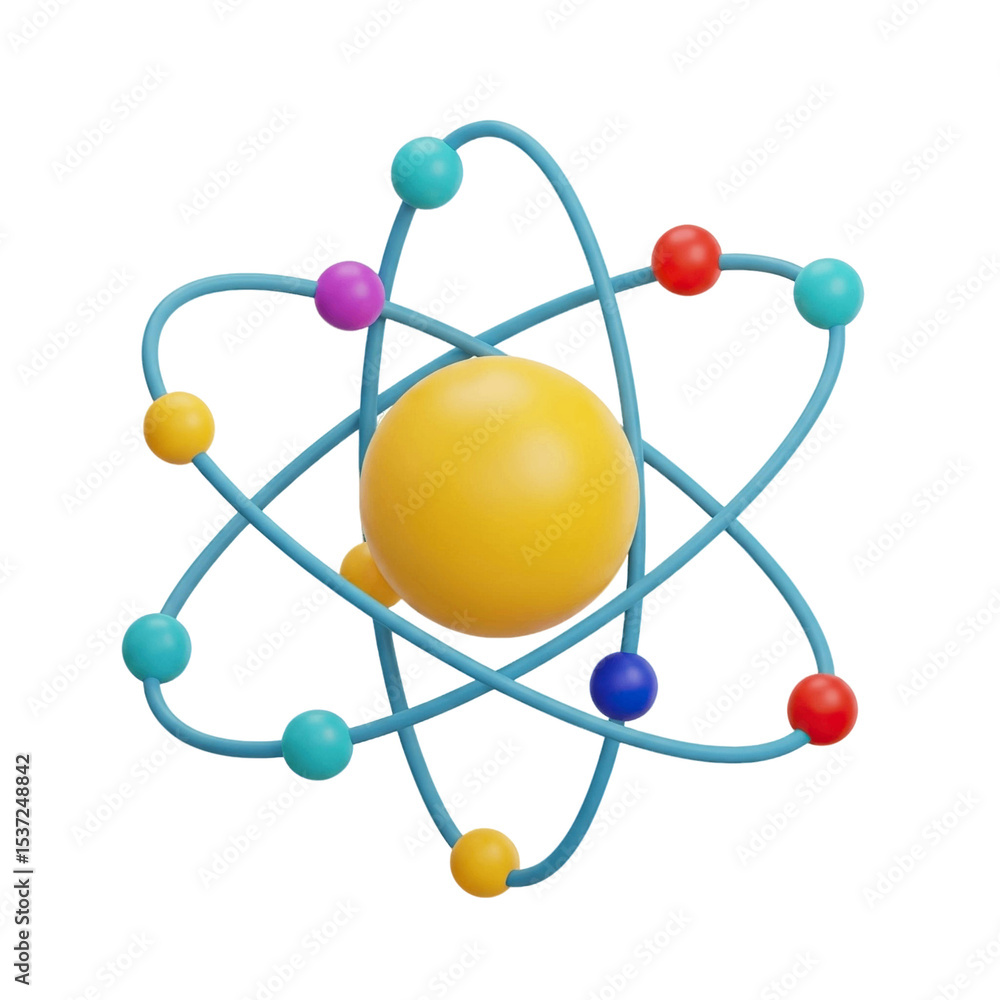 Illustration of an atom model with a yellow nucleus and orbiting electrons in various hues on transparent background Illustration of an atom model with a yellow nucleus and orbiting electrons in various hues on transparent background