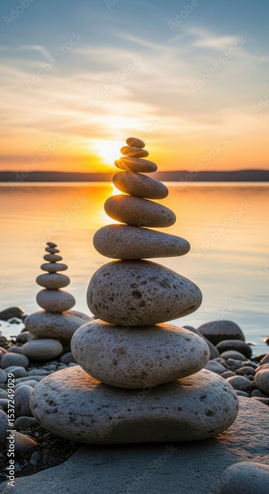 Fototapeta premium Gray Stones Balanced at Sunset Beach Calm Ocean rocks