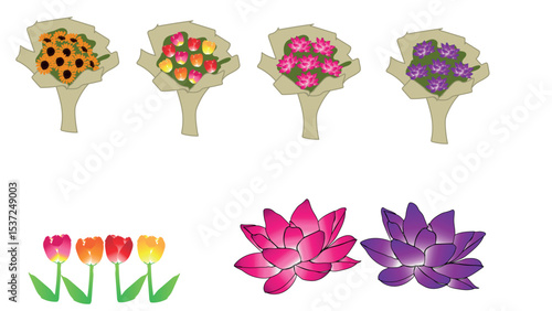 Flowers bouquet of tulips and lotus flowers with different colors and degradation 