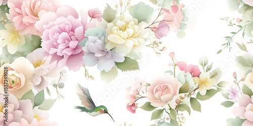 Elegant Pastel Floral Bloom and Hummingbird Seamless Pattern. Gentle Botanical and Bird Design for textile, packaging, fabric, wallpaper, branding, stationery, wrapping paper interior decor.