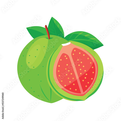 Vibrant cartoon illustration of a fresh green guava fruit with a cut showing its inside