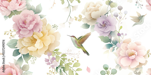 Elegant Pastel Floral Bloom and Hummingbird Seamless Pattern. Gentle Botanical and Bird Design for textile, packaging, fabric, wallpaper, branding, stationery, wrapping paper interior decor.