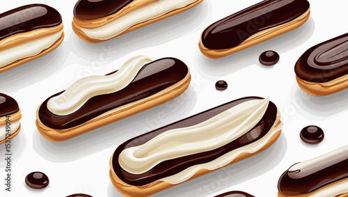 Delicious eclairs with chocolate glaze and cream filling on a light background with copy space