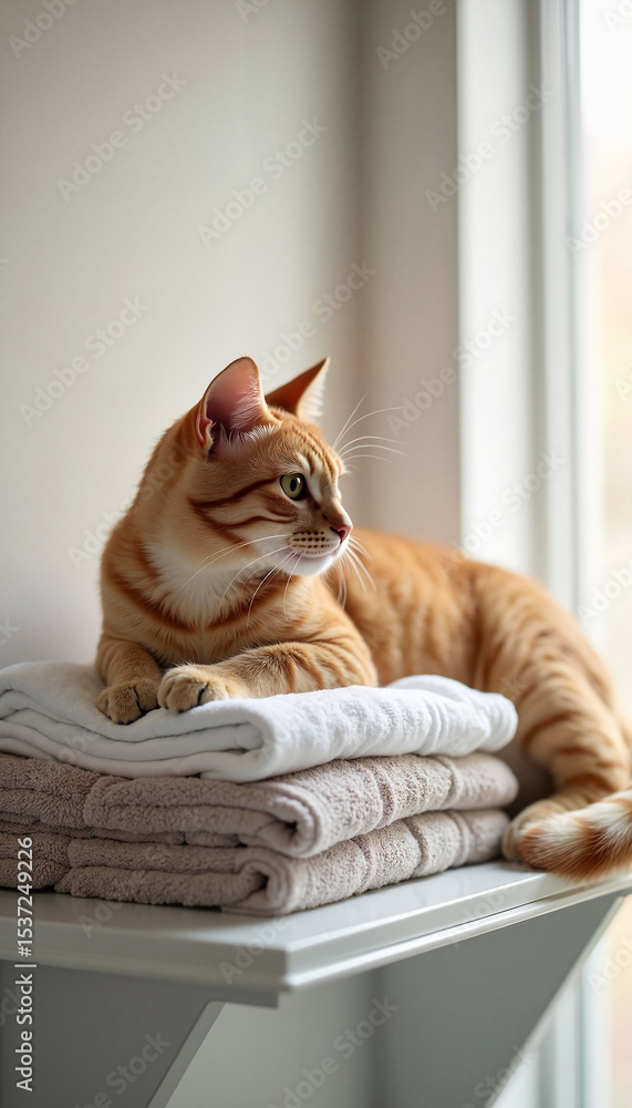 Naklejka premium Orange cat resting on neatly folded towels by the window 