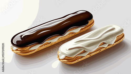 Two delicious eclairs with chocolate and vanilla glaze on a light background with copy space