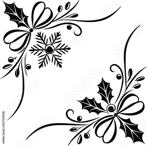 Elegant Black and White Christmas Corner Design Holly, Bows, and Snowflake