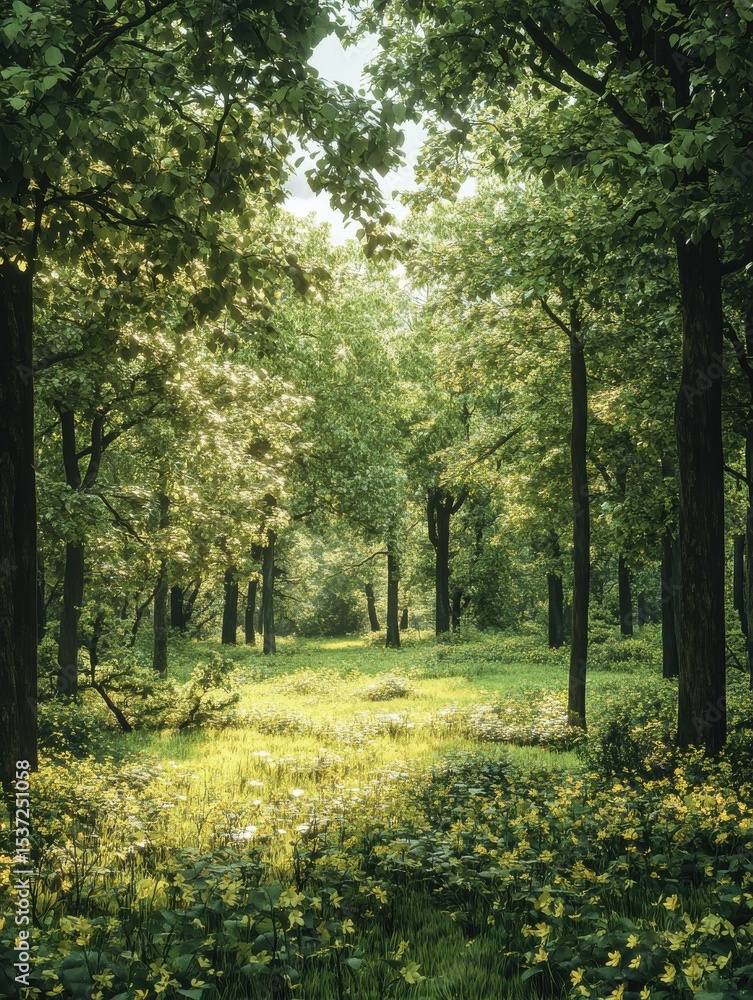 Obraz premium A forest with green trees and flowers in spring, green unspoiled nature concept