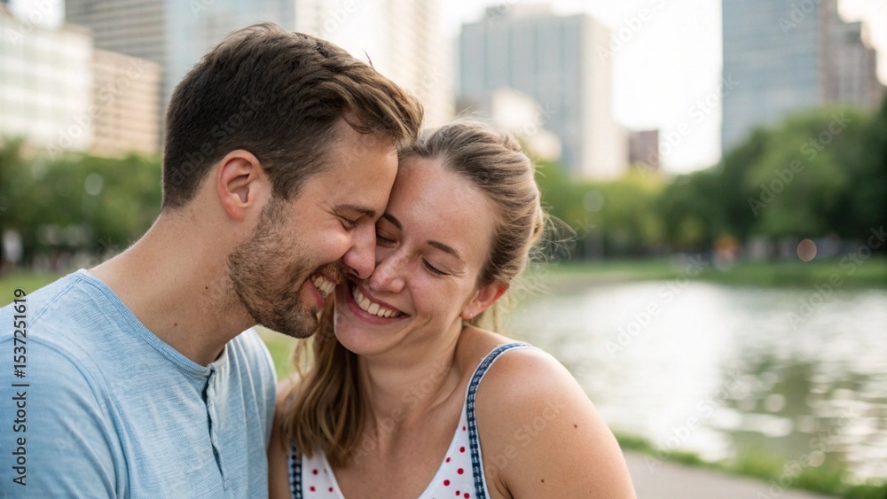 Fototapeta premium Affectionate Couple Embracing in City Park Moments of Love and Connection
