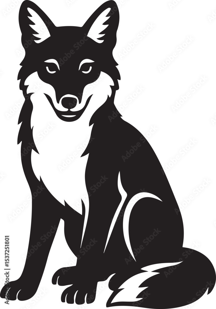 Fototapeta premium Sitting fox silhouette black and white art, Calm forest animal minimal sketch