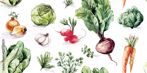 Fresh Watercolor Vegetables and Garden Produce Seamless Pattern. Healthy Food Botanical Kitchen Design for textile, packaging, fabric, wallpaper, branding, stationery, wrapping paper interior decor