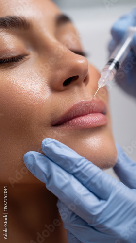 Closeup of Botox treatment on woman's face in beauty salon with focus on syringe and skilled hands. concept cosmetology, hyaluronic acid for lip augmentation, lip shape correction