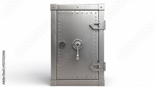 A secure and sturdy metal safe, closed and locked, standing alone against a pure white background.