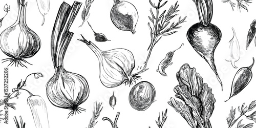 Hand-Drawn Spicy Chili Pepper and Garlic Monochrome Seamless Pattern. Culinary Herb and Ingredient Design for textile, packaging, fabric, wallpaper, branding, stationery, wrapping paper interior decor