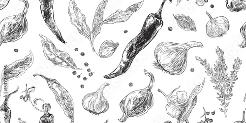 Hand-Drawn Spicy Chili Pepper and Garlic Monochrome Seamless Pattern. Culinary Herb and Ingredient Design for textile, packaging, fabric, wallpaper, branding, stationery, wrapping paper interior decor