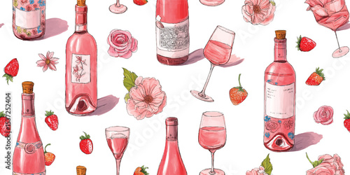 Chic Ros Wine Bottles, Glasses, Strawberries, Watercolor Seamless Pattern. Summer Drink Botanical Design for textile, packaging, fabric, wallpaper, branding, stationery, wrapping paper interior decor