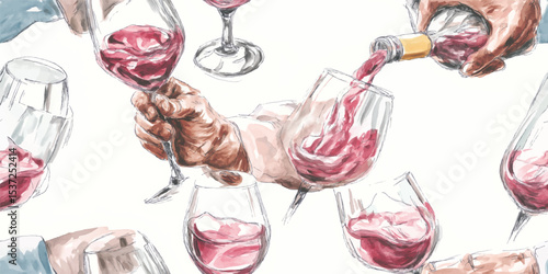 Elegant Watercolor Wine Tasting and Sommelier Elements Seamless Pattern. Refined Drink Culinary Design for textile, packaging, fabric, wallpaper, branding, stationery, wrapping paper interior decor