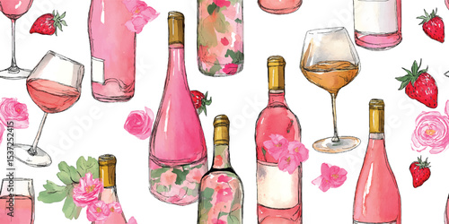 Chic Ros Wine Bottles, Glasses, Strawberries, Watercolor Seamless Pattern. Summer Drink Botanical Design for textile, packaging, fabric, wallpaper, branding, stationery, wrapping paper interior decor