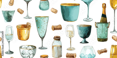 Festive Champagne Bottles, Ice Buckets Watercolor Seamless Pattern. Celebration Drink Party Design for textile, packaging, fabric, wallpaper, branding, stationery, wrapping paper interior decor.