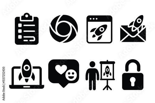 Flat solid style icons for pre-launch stage including launch checklist, go-live switch, landing page, beta invite, launch teaser, user feedback, final pitch, and early access icons for project managem