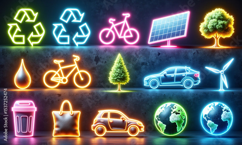Wallpaper Mural Colorful neon visual set of eco-friendly vehicles and green energy symbols. Torontodigital.ca
