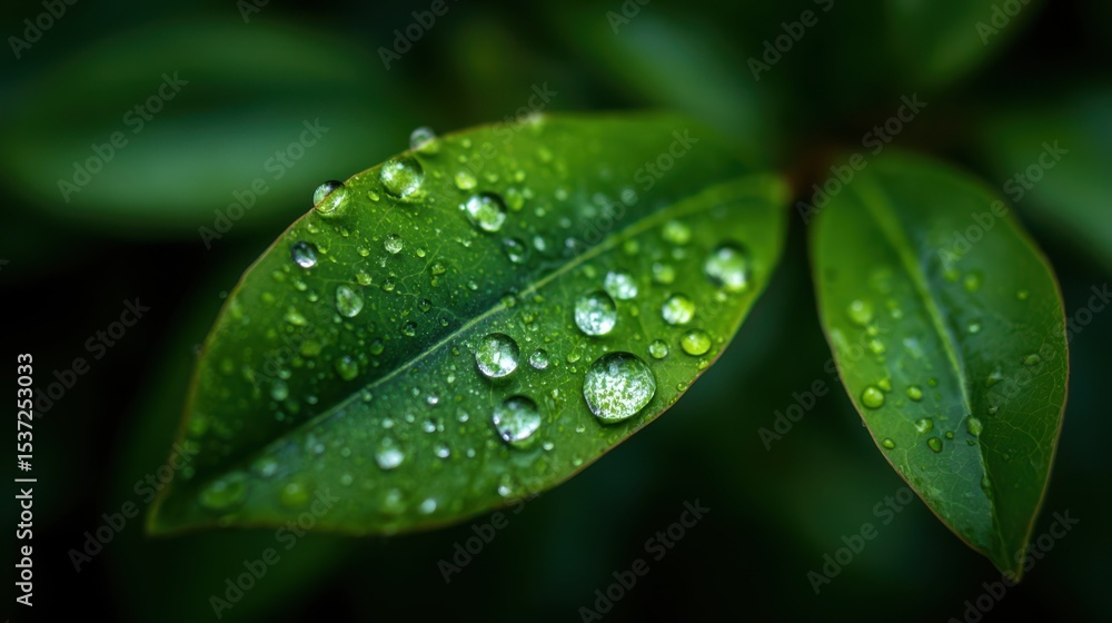 Fototapeta premium Close-up view of vibrant green leaves with shimmering water droplets on their surface, captured in a peaceful garden. Morning light enhances the freshness and beauty of nature