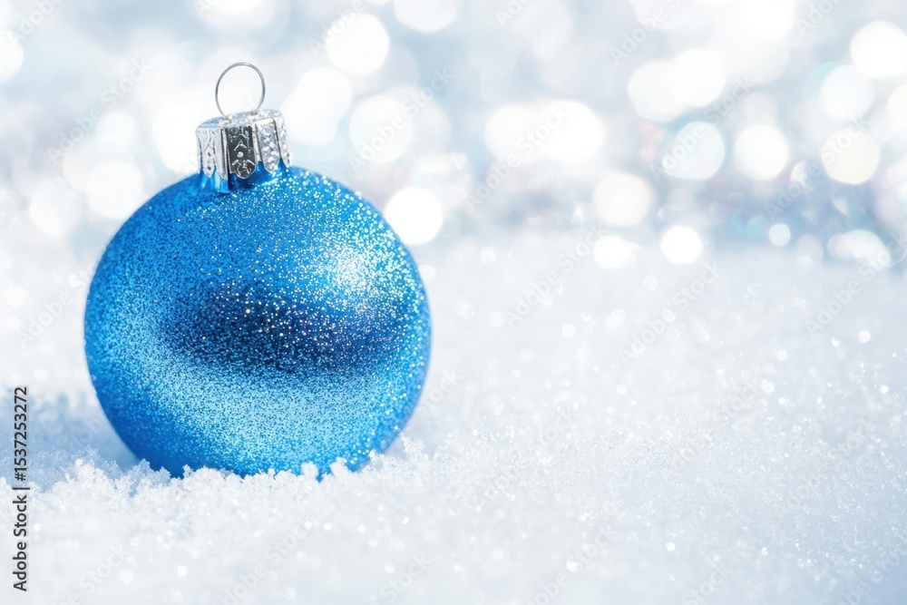 Fototapeta premium Sparkling Blue Christmas Ornament in Snow with Festive Bokeh Background.