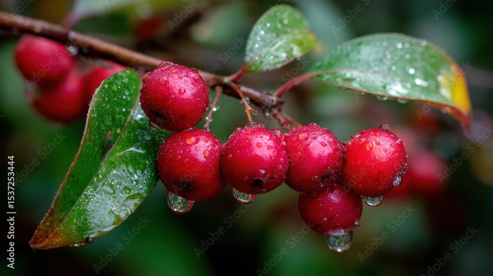 Obraz premium Clusters of vibrant red berries hang from a green branch, glistening with water droplets after a rain shower in a dense forest. Nature's beauty is captured in this intimate moment