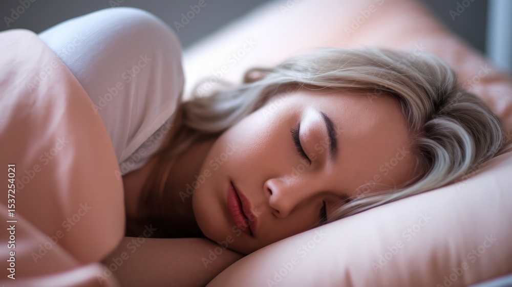 Fototapeta premium Woman sleeping peacefully in bed, resting on a pillow, enjoying a good night sleep.
