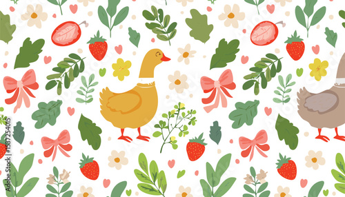 Cute vector seamless pattern with hand drawn flowers, bows, goose, chicken, leaves and herbs, strawberry. Cottagecore style. Spring and summer cozy background.doodle, graphic, meadow, print, tile, 