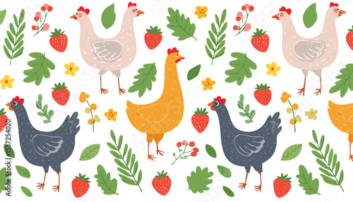 Cute vector seamless pattern with hand drawn flowers, bows, goose, chicken, leaves and herbs, strawberry. Cottagecore style. Spring and summer cozy background.doodle, graphic, meadow, print, tile, 