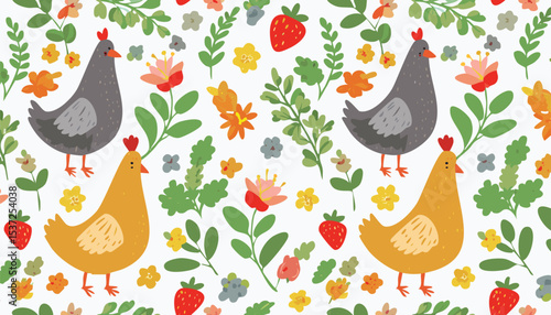 Cute vector seamless pattern with hand drawn flowers, bows, goose, chicken, leaves and herbs, strawberry. Cottagecore style. Spring and summer cozy background.doodle, graphic, meadow, print, tile, 